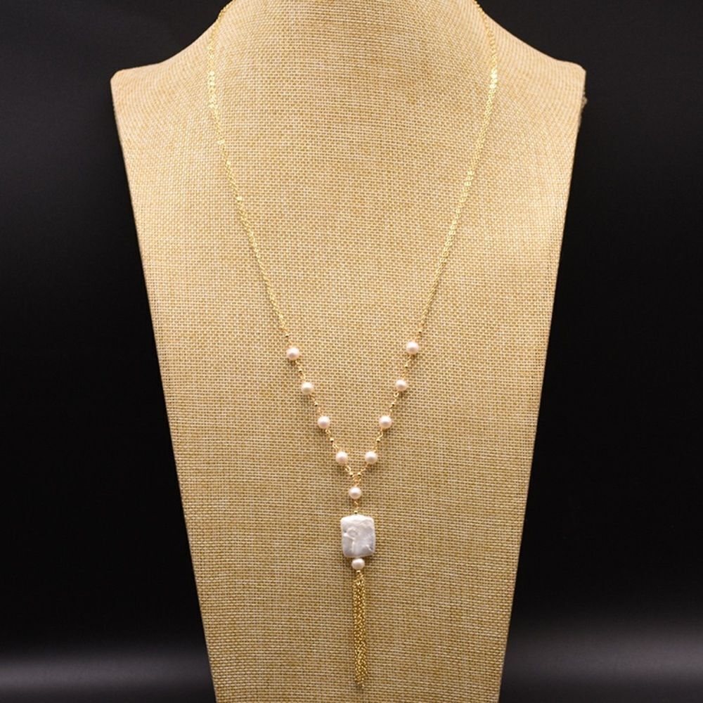 18K GP Baroque Square Pendant Necklace Freshwater Pearls